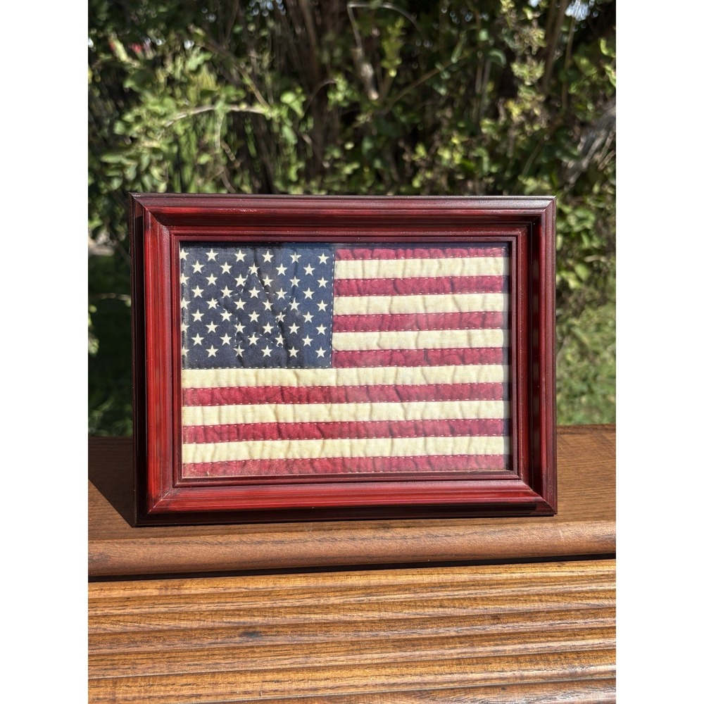 Quilted American Flag In Wood Framed Patriotic Folk Art Maker Mark 8.25" X 6.5"